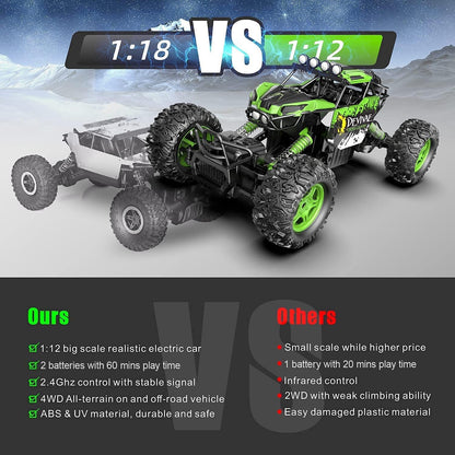 1:12 Large RC Cars for Boys with Upgraded Lifting Function, 2.4Ghz 4WD Remote Control Car Toy Gifts 20Km/H Monster Truck for Kids, All Terrain RC Truck for 60Min Play(Green)