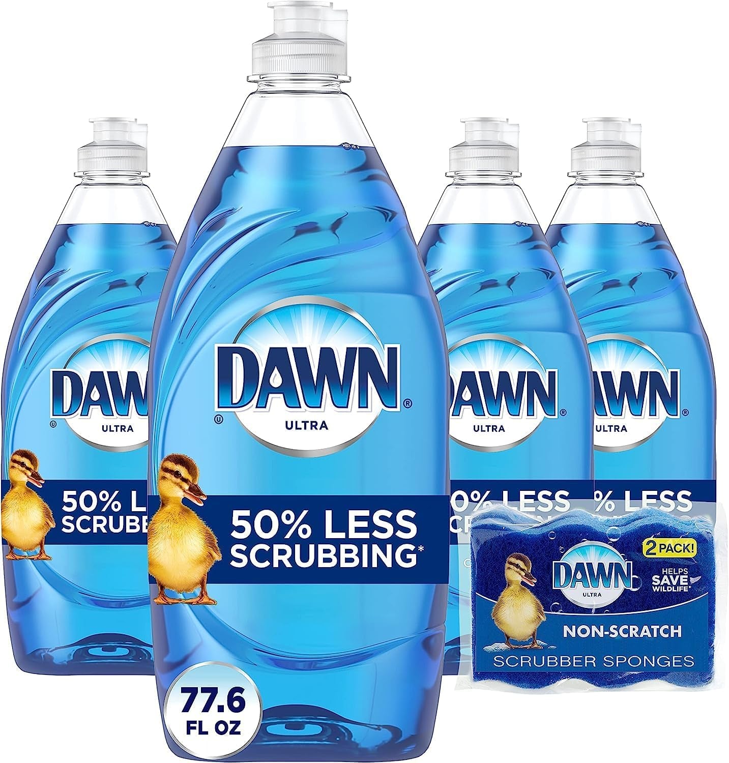 Ultra Dishwashing Liquid Dish Soap (4X19.4 Fl Oz) + Non-Scratch Sponge (2 Count), Original Scent