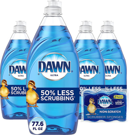 Ultra Dishwashing Liquid Dish Soap (4X19.4 Fl Oz) + Non-Scratch Sponge (2 Count), Original Scent