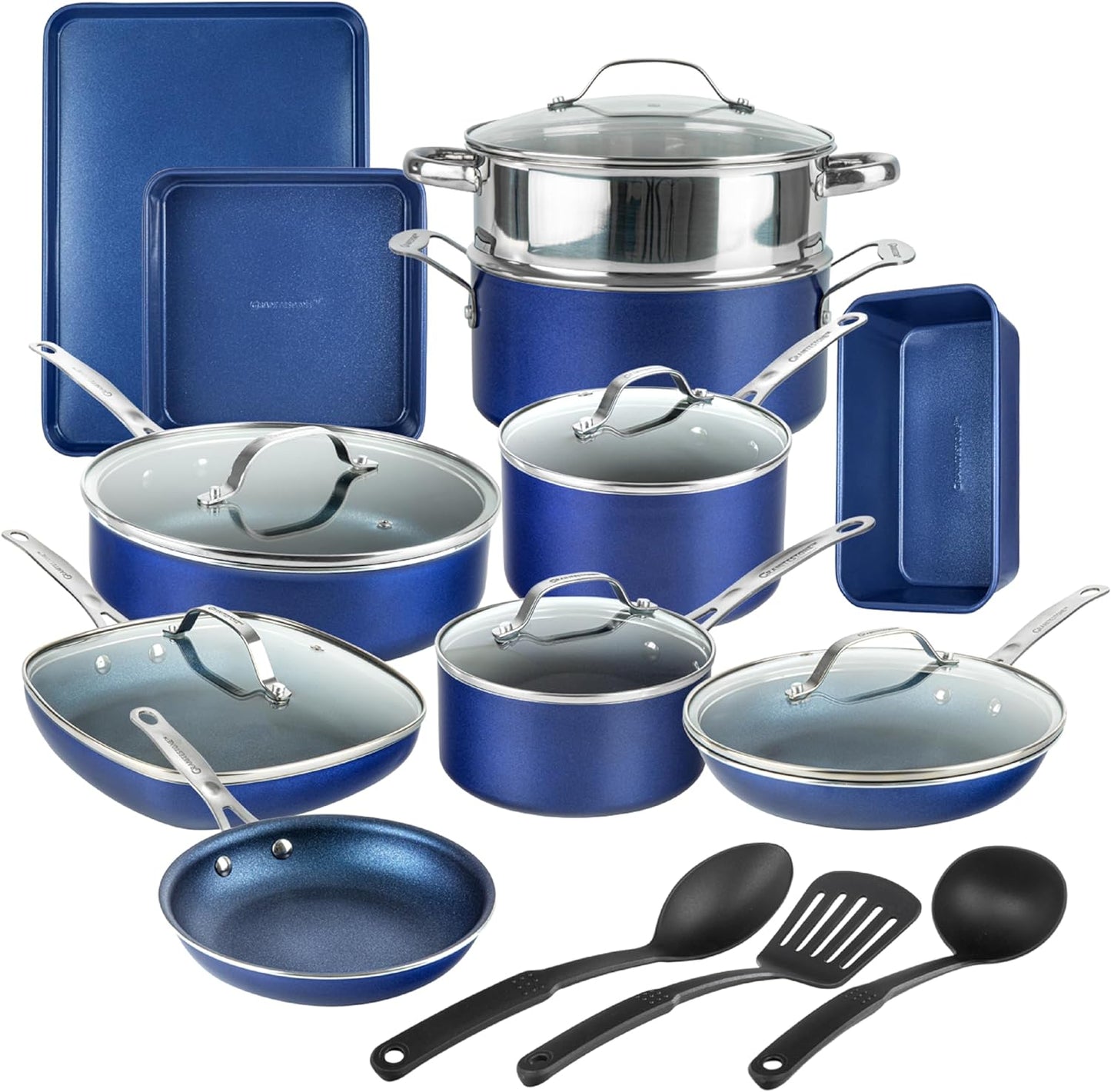 Blue 20 Pc Kitchen Pots and Pans Set Non Stick Cookware Set, Kitchen Cookware Sets, Granite Nonstick Cookware Set, Diamond Coated Non Toxic Cookware Set, Oven & Dishwasher Safe