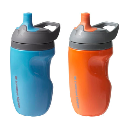 Insulated Sportee Bottle, 9Oz, 12+ Months, Trainer Sippy Cup for Toddlers, Spill-Proof, Easy to Hold Handle, Orange & Blue, Pack of 2