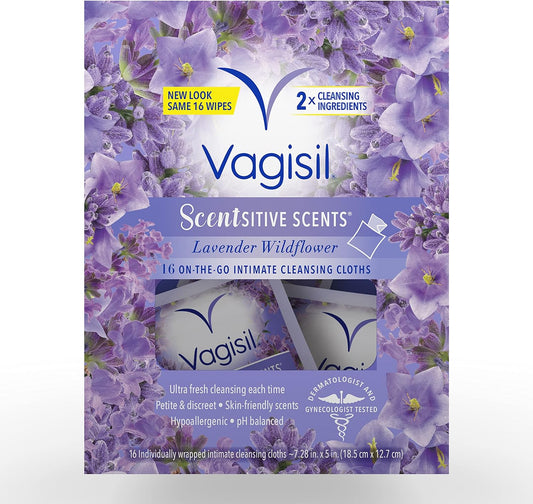 Scentsitive Scents On-The-Go Feminine Cleansing Wipes, Ph Balanced, Lavender Wildflower, Individually Wrapped, 16 Count (Pack of 1)