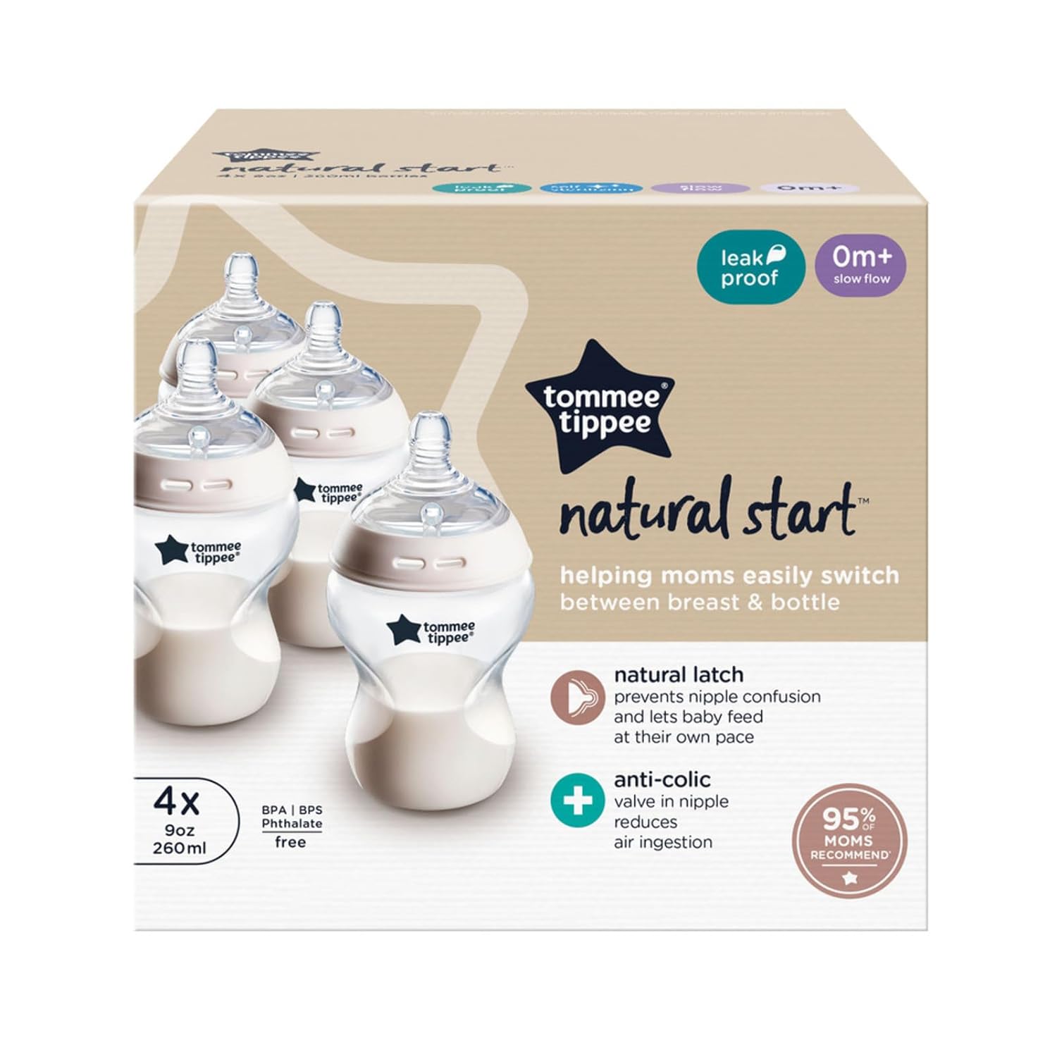 Closer to Nature Anti-Colic Baby Bottle, 9Oz, Slow-Flow Breast-Like Nipple for a Natural Latch, Anti-Colic Valve, Pack of 4