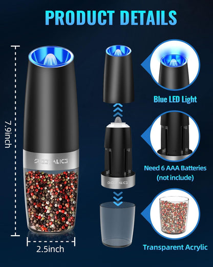 Gravity Electric Pepper and Salt Grinder Set, Adjustable Coarseness, Battery Powered with LED Light, One Hand Automatic Operation, Stainless Steel Black, 2 Pack