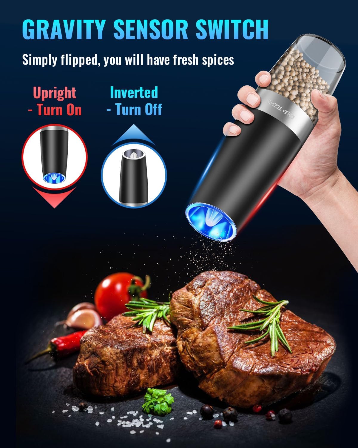 Gravity Electric Pepper and Salt Grinder Set, Adjustable Coarseness, Battery Powered with LED Light, One Hand Automatic Operation, Stainless Steel Black, 2 Pack