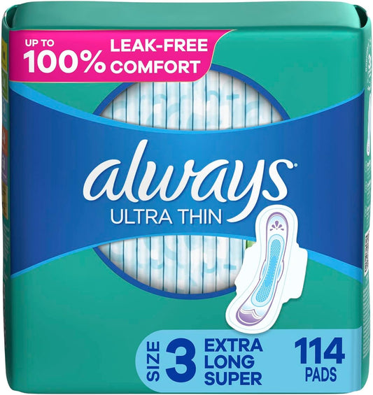 Ultra Thin Feminine Pads for Women, Size 3 Extra Heavy Long Absorbency, with Wings, Unscented, 38 Count X 3 (114 Count Total)