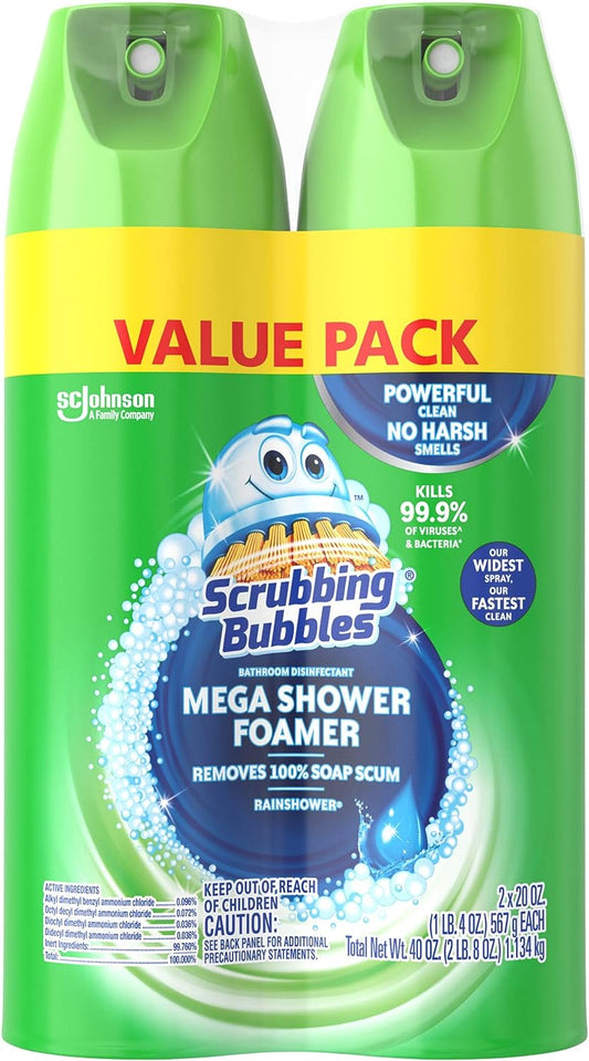 Mega Shower Foamer Aerosol, Tough Foaming Bathroom, Tile, Bathtub and Disinfectant Shower Cleaner (1 Aerosol Spray), Rainshower Scent, 20 Oz (Pack of 2)