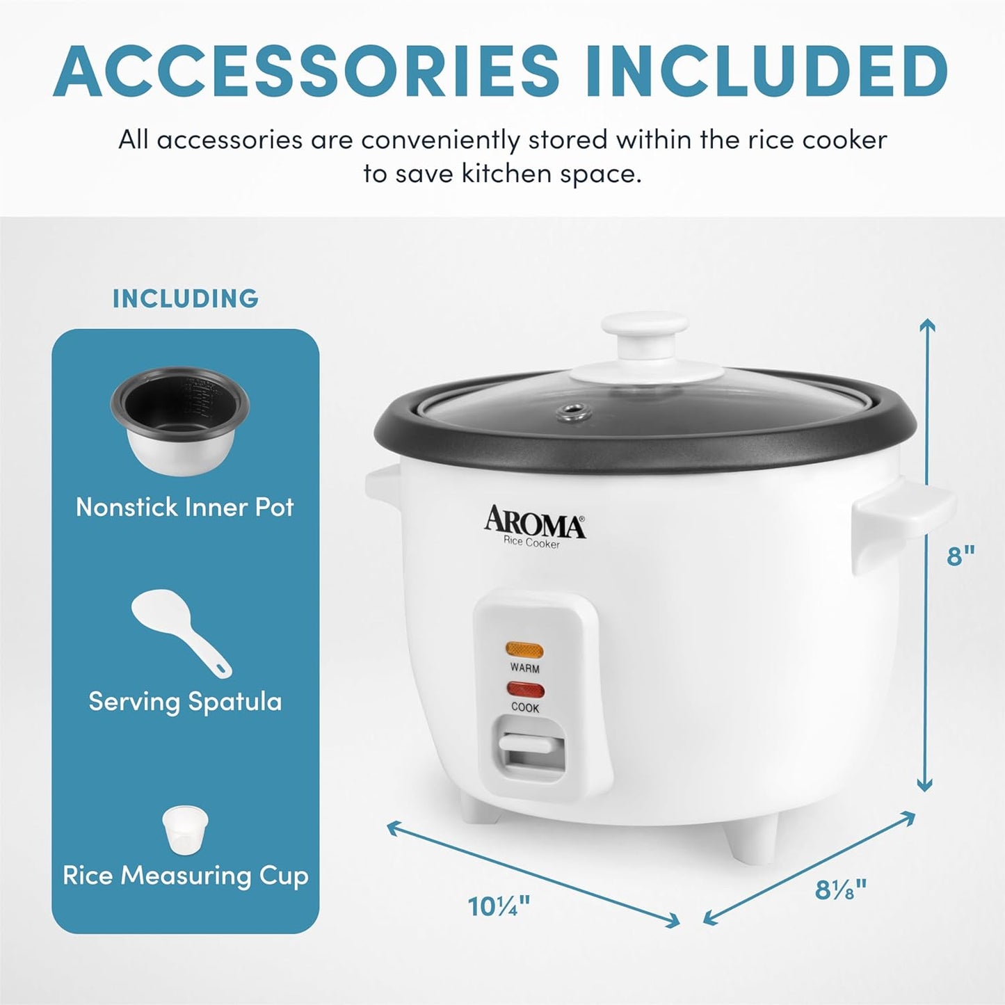 Aroma 6-Cup (Cooked) 1.5 Qt. One Touch Rice Cooker, White (ARC-363NG), 6 Cup Cooked/ 3 Cup Uncook/ 1.5 Qt.