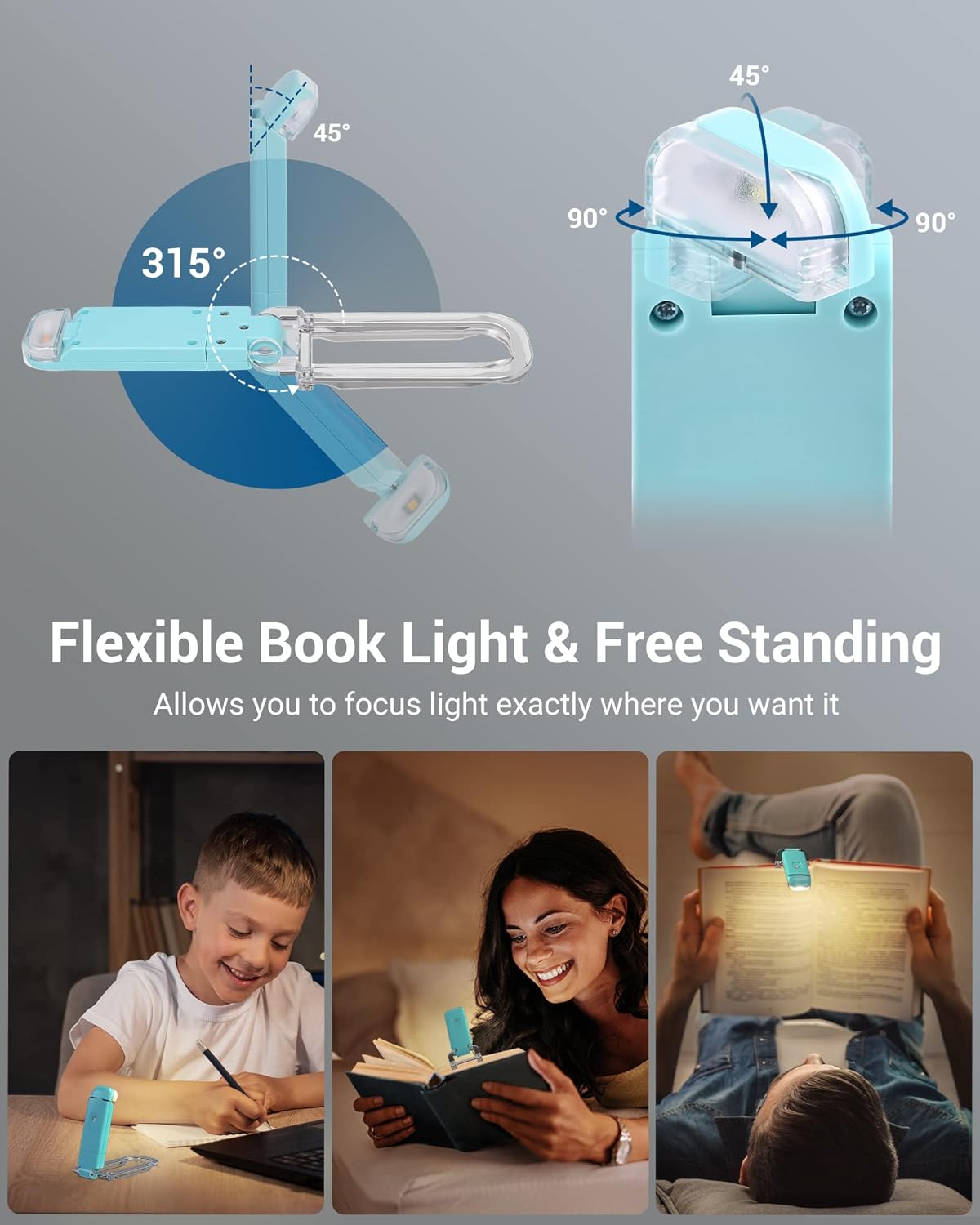 USB Rechargeable Book Light for Reading in Bed, LED Book Reading Lights with Clip, Perfect for Bookworms, Kids, Warm White, Brightness Adjustable (Blue)