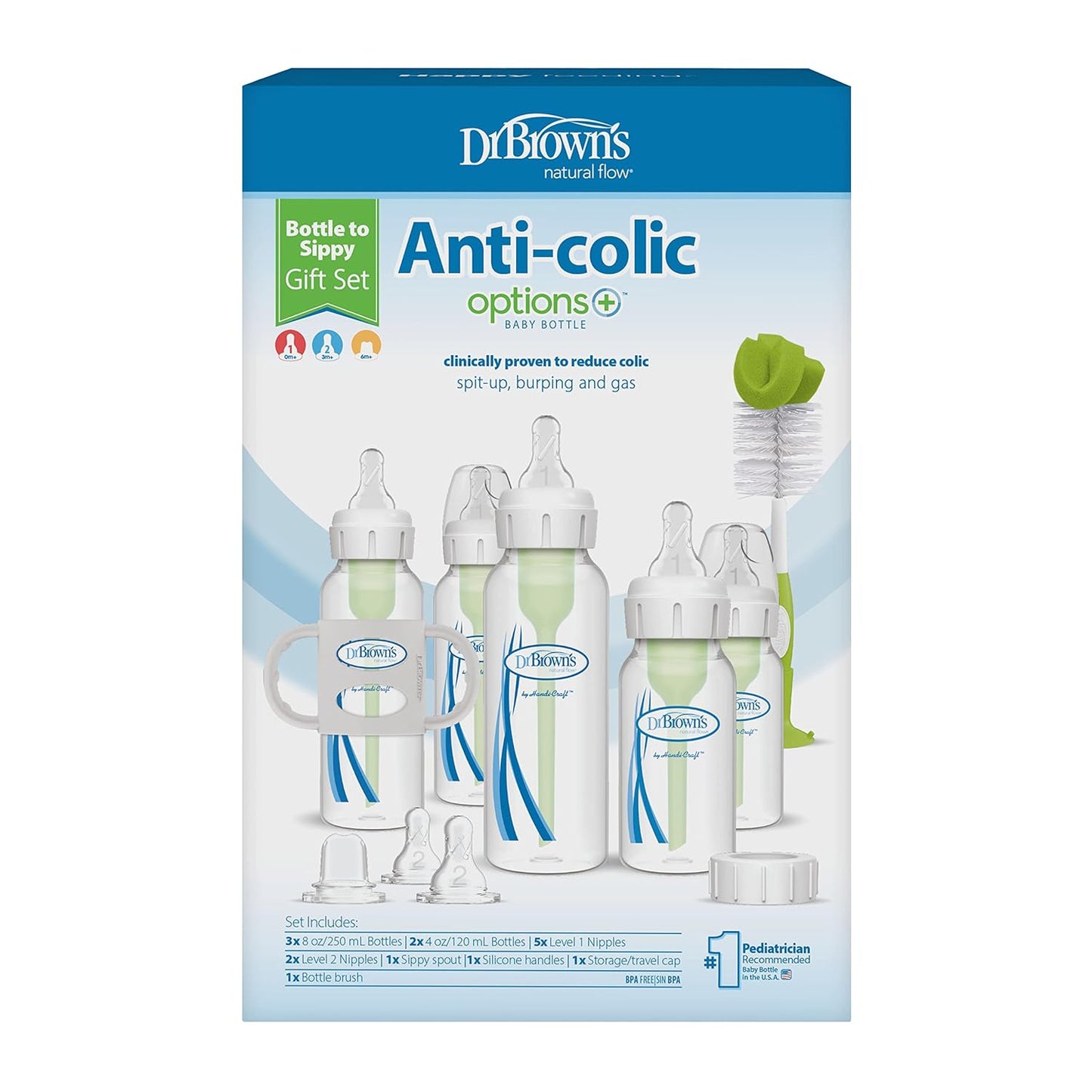 Natural Flow® Anti-Colic Options+™ Narrow Bottle to Sippy Gift Set with Soft Silicone Sippy Spout, Removable Silicone Handles, Travel Cap and Bottle Brush