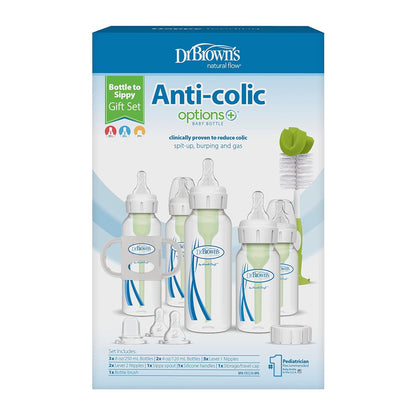 Natural Flow® Anti-Colic Options+™ Narrow Bottle to Sippy Gift Set with Soft Silicone Sippy Spout, Removable Silicone Handles, Travel Cap and Bottle Brush