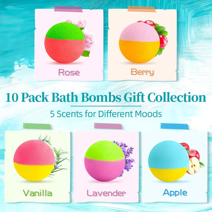 Bath Bombs Gift Set for Women, Mothers Day Gifts for Mom, 10 Fizzy Shower Bombs with 5 Aromatic Scents, Rich Bubbles & Diverse Colors, Ideal for Relaxing Spa Experiences at Home