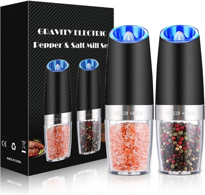 Gravity Electric Pepper and Salt Grinder Set, Adjustable Coarseness, Battery Powered with LED Light, One Hand Automatic Operation, Stainless Steel Black, 2 Pack