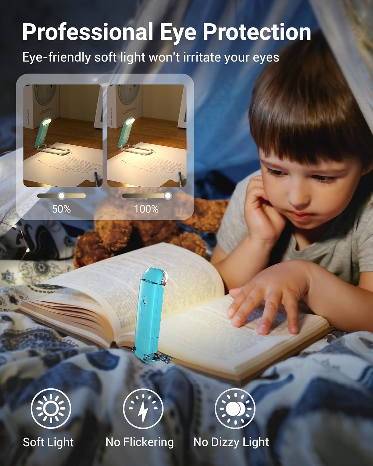 USB Rechargeable Book Light for Reading in Bed, LED Book Reading Lights with Clip, Perfect for Bookworms, Kids, Warm White, Brightness Adjustable (Blue)