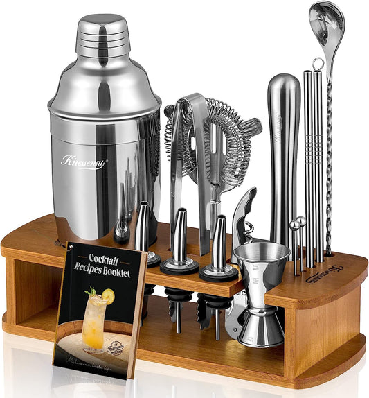 Cocktail Shaker Set Bartender Kit with Stand | Bar Set Drink Mixer Set with All Essential Accessory Tools: Martini Shaker, Jigger, Strainer, Mixer Spoon, Muddler, Liquor Pourers |Silver