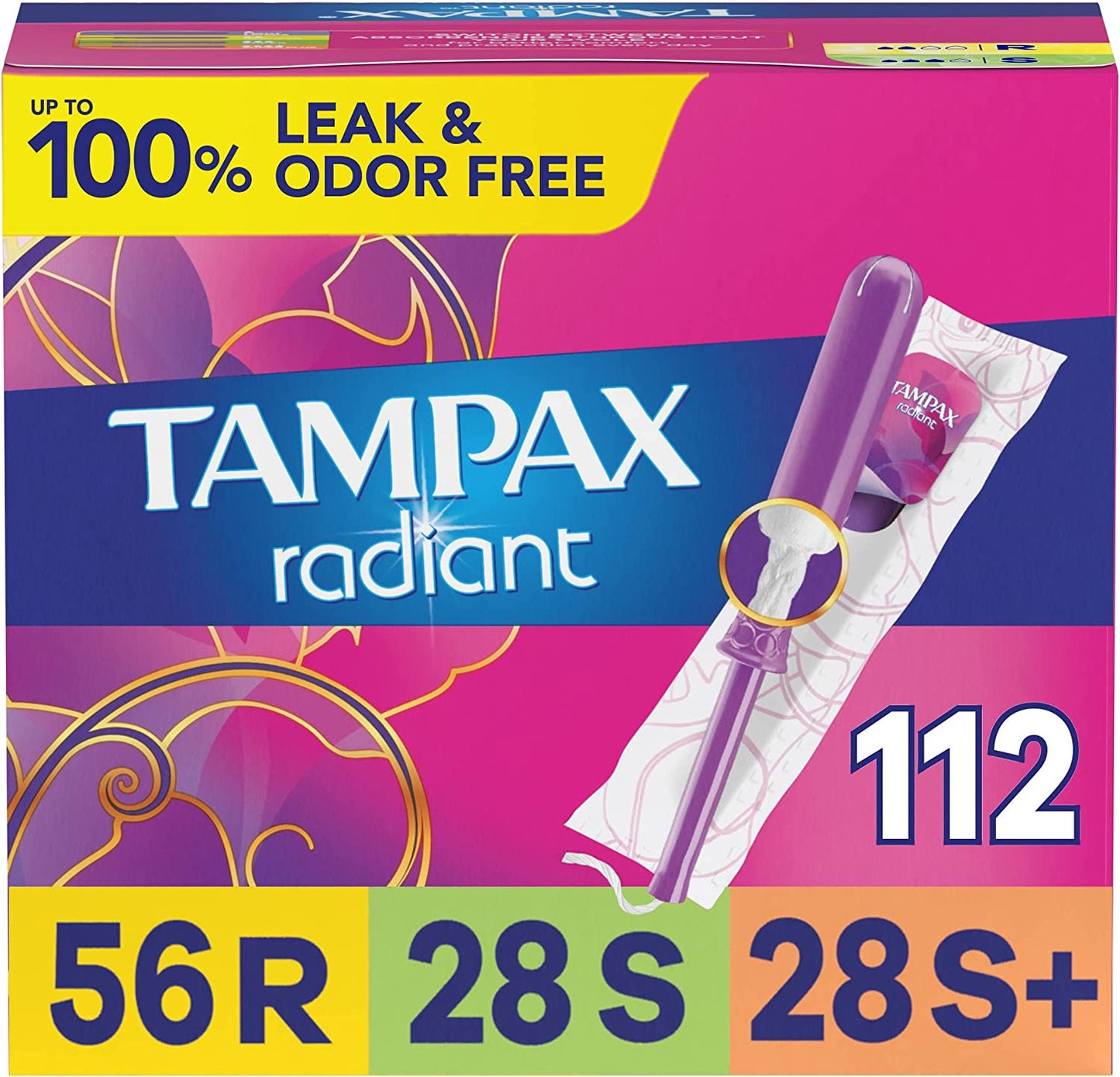 Radiant Tampons Multipack, Regular/Super/Super plus Absorbency, with Leakguard Braid, Unscented, 28 Count X 4 Packs (112 Count Total)