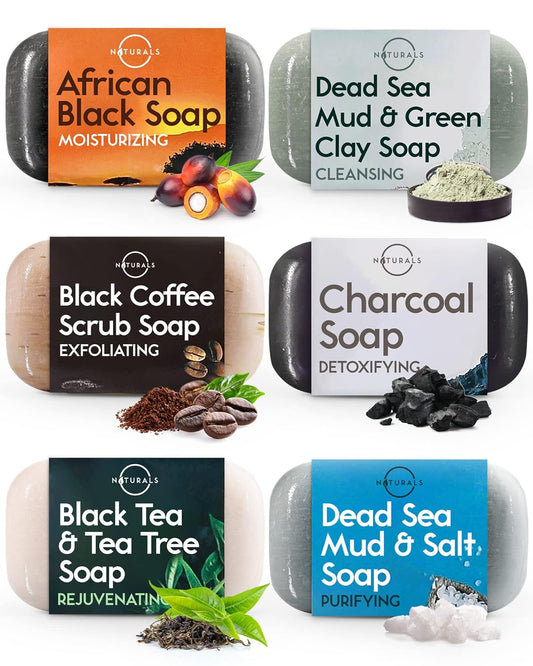 6 PCS Black Soap - Women & Men'S Bar Soap, Father'S Day Gifts, Men'S Soap Bar, African Black Soap W/Moisturizing Shea Butter, Charcoal Soap, Organic & Natural Soap for Men & Women, 4Oz