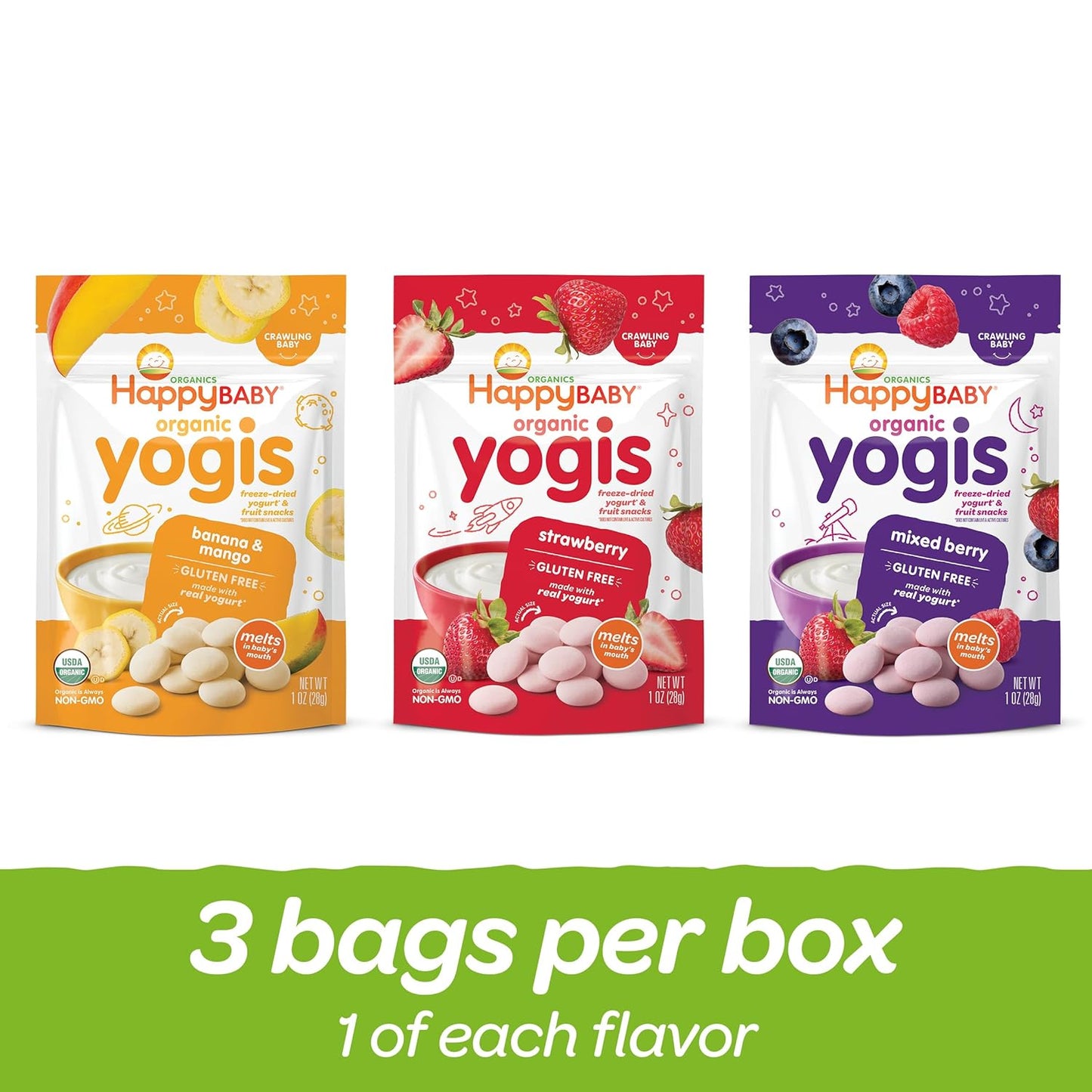 Organics Baby Snacks, Yogis, Freeze Dried Yogurt & Fruit Snacks, Gluten Free Snack for Babies 9+ Months, 3 Flavor Variety Pack, 1 Ounce (Total Pack of 3)