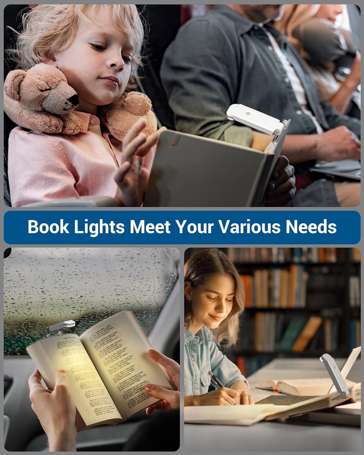 USB Rechargeable Book Light, Warm White, Brightness Adjustable for Eye-Protection, LED Clip on Portable Bookmark Light for Reading in Bed, Car (White)