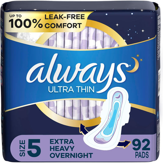 Ultra Thin Feminine Pads for Women, Size 5, Extra Heavy, Overnight Absorbency with Wings, 46 Count X 2 (92 Count Total)