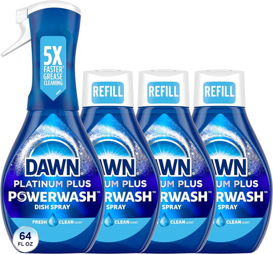 Platinum Powerwash Dish Spray, Dish Soap, Fresh Scent Bundle, 1 Spray (16Oz) + 3 Refills (16Oz Each)(Pack of 4)