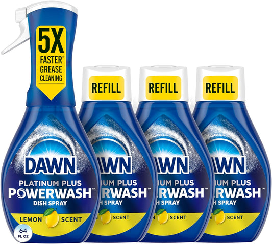 Platinum Powerwash Dish Spray, Dish Soap, Lemon Scent, 1 Starter Kit 16 Oz Bottle and 3 Refill 16 Oz Bottles, Totally (Pack of 4)