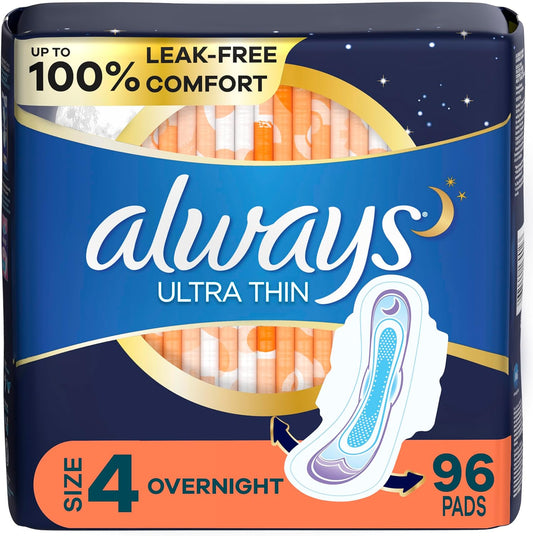 Ultra Thin Overnight Pads with Wings, Size 4, Overnight, 96 Count