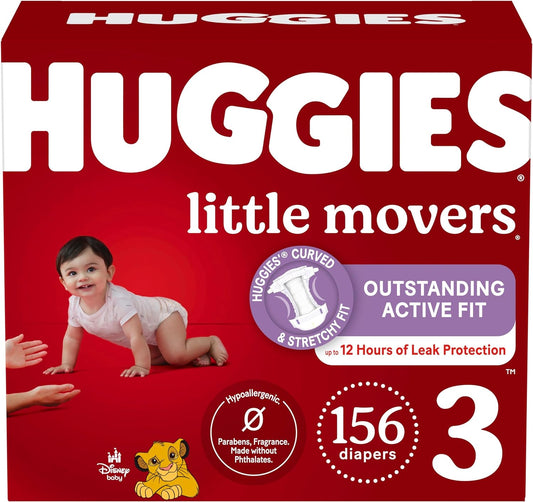 Size 3 Diapers, Little Movers Baby Diapers, Size 3 (16-28 Lbs), 156 Count (6 Packs of 26)