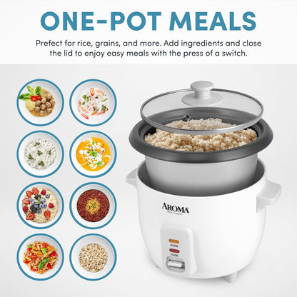 Aroma 6-Cup (Cooked) 1.5 Qt. One Touch Rice Cooker, White (ARC-363NG), 6 Cup Cooked/ 3 Cup Uncook/ 1.5 Qt.