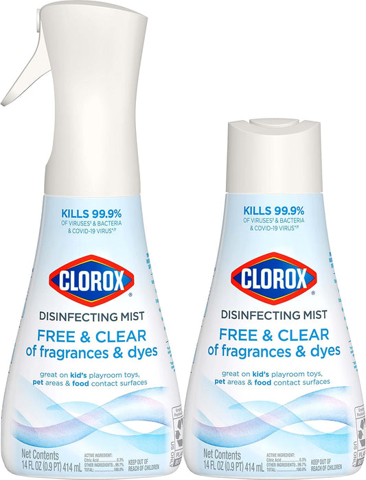 Free & Clear Disinfecting Mist, Household Essentials, 1 Spray Bottle and 1 Refill, 14 Fl Oz Each