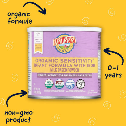 Organic Sensitive Baby Formula for Babies 0-12 Months, Reduced Lactose Powdered Infant Formula with Iron, Omega-3 DHA, and Omega-6 ARA, 21 Oz Formula Container (Pack of 4)