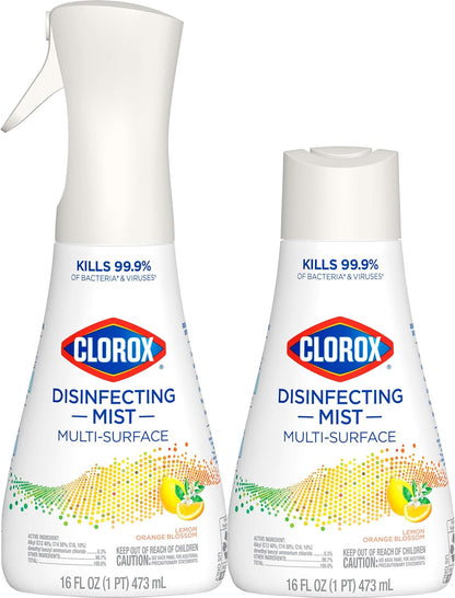 Disinfecting Mist, Multisurface Cleaner, Lemon and Orange Blossom, Sanitizing Spray & Refill, 16 Ounces(Pack of 2)