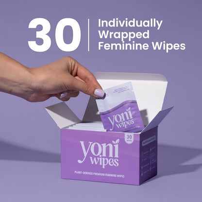 30 Count Biodegradable & Flushable Feminine Wipes, Ph-Balanced, Aloe Vera & Vitamin E, Individually Wrapped for Travel and On-The-Go Use