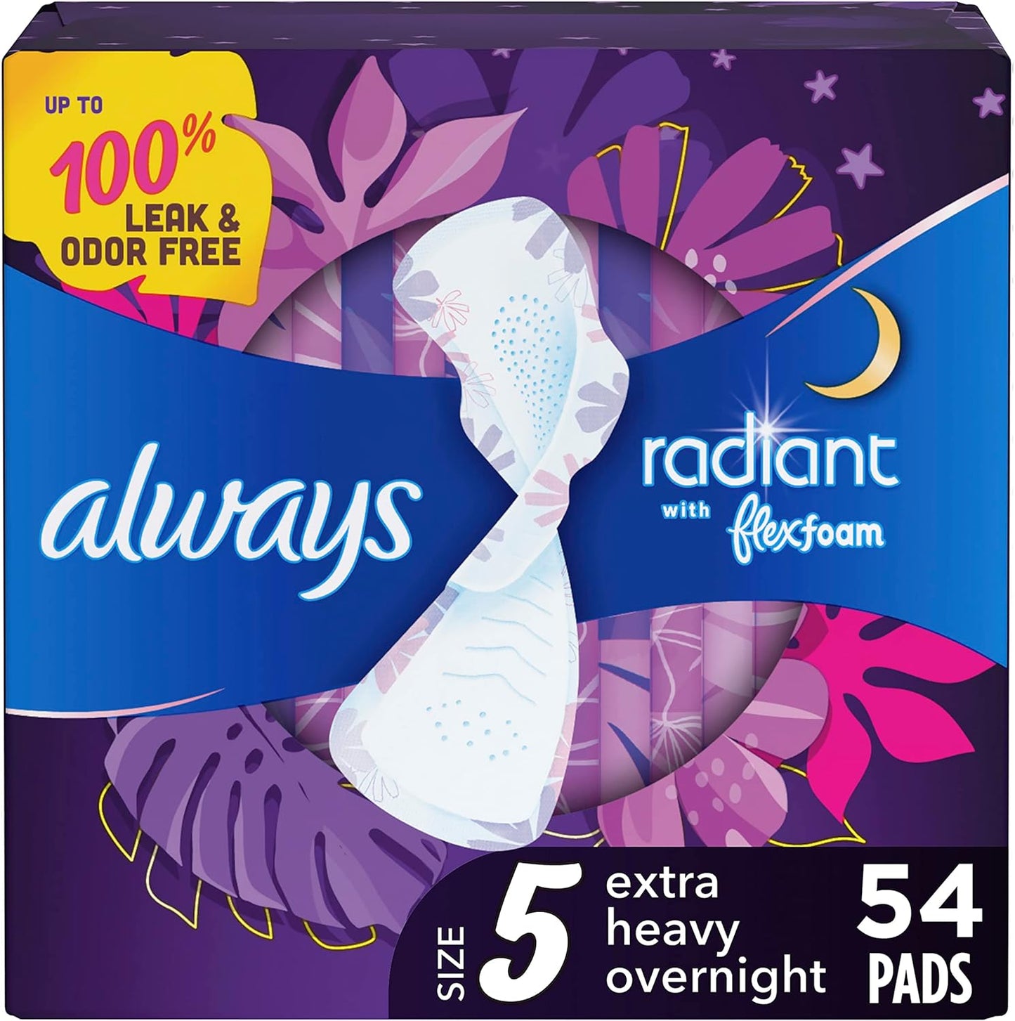 Radiant Feminine Pads for Women, Size 5 Extra Heavy Overnight Pads, with Flexfoam, with Wings, Light Clean Scent, 18 Count X 3 Packs (54 Count Total)