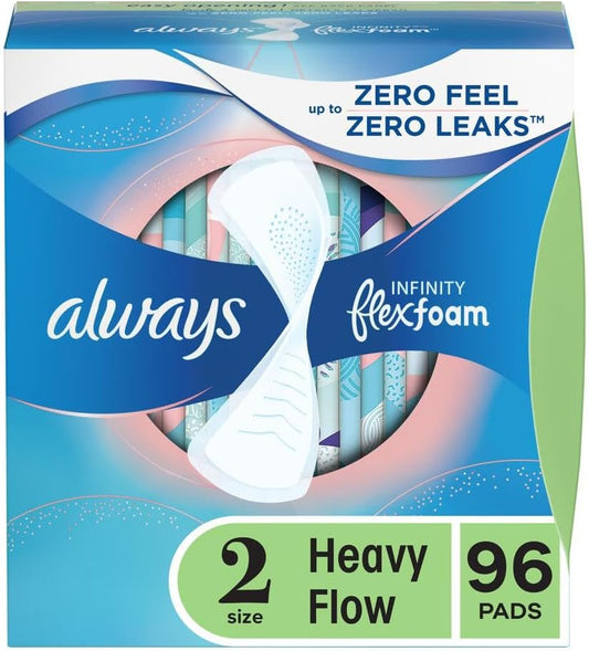 Infinity Flexfoam Feminine Pads for Women, Size 2, Heavy, without Wings, Unscented, 32Ct X 3 Packs (96 Count Total)