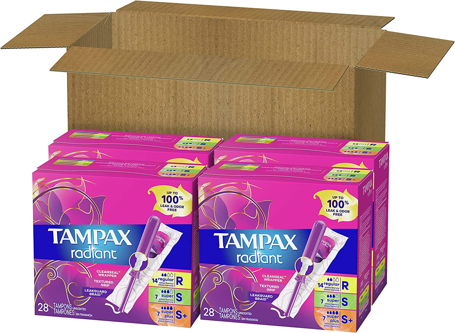 Radiant Tampons Multipack, Regular/Super/Super plus Absorbency, with Leakguard Braid, Unscented, 28 Count X 4 Packs (112 Count Total)