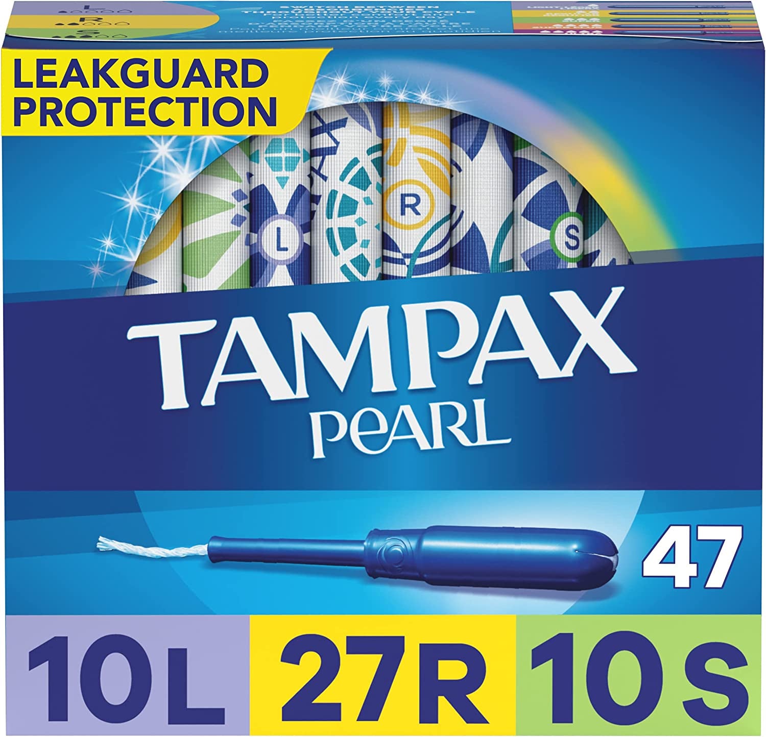 Pearl Tampons Multipack, Light/Regular/Super Absorbency, with Leakguard Braid, Unscented, 47 Count