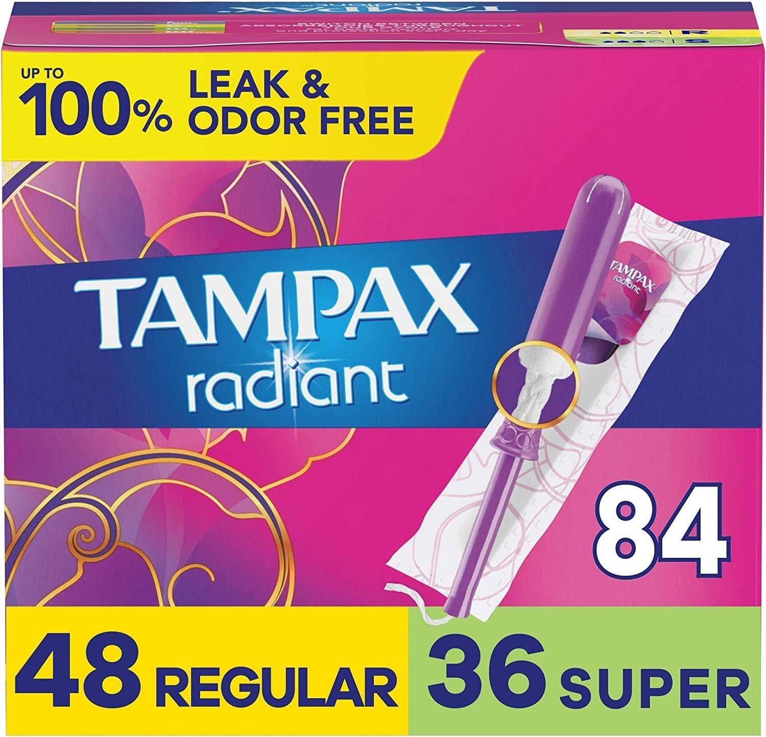 Radiant Tampons Multipack, Regular/Super Absorbency, with Leakguard Braid, Unscented, 28 Count (Pack of 3)