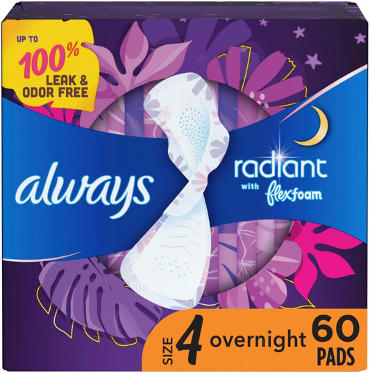 Radiant Feminine Pads for Women, Size 4 Overnight Pads, with Flexfoam, with Wings, Light Clean Scent, 20 Count (Pack of 3)