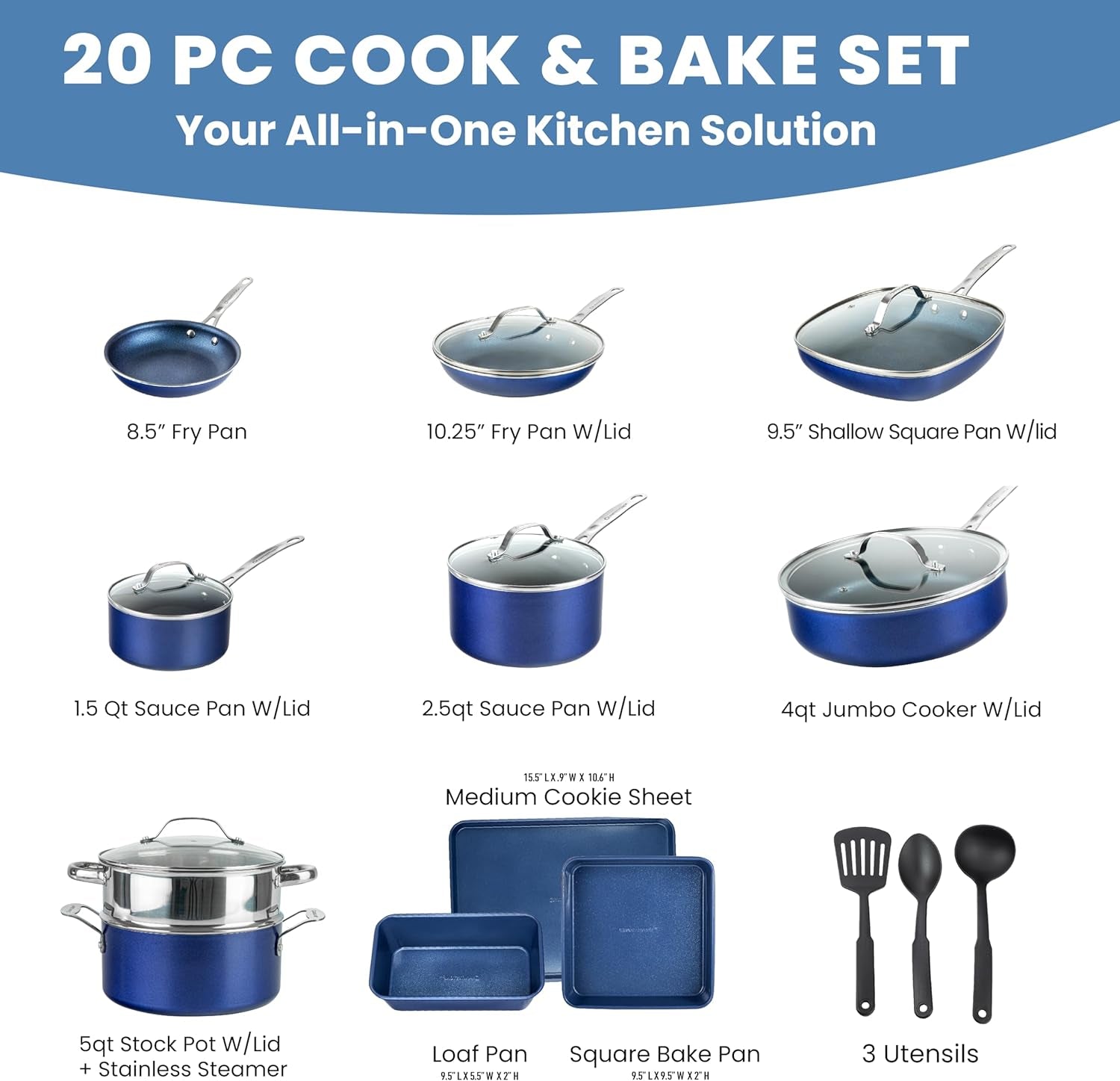 Blue 20 Pc Kitchen Pots and Pans Set Non Stick Cookware Set, Kitchen Cookware Sets, Granite Nonstick Cookware Set, Diamond Coated Non Toxic Cookware Set, Oven & Dishwasher Safe